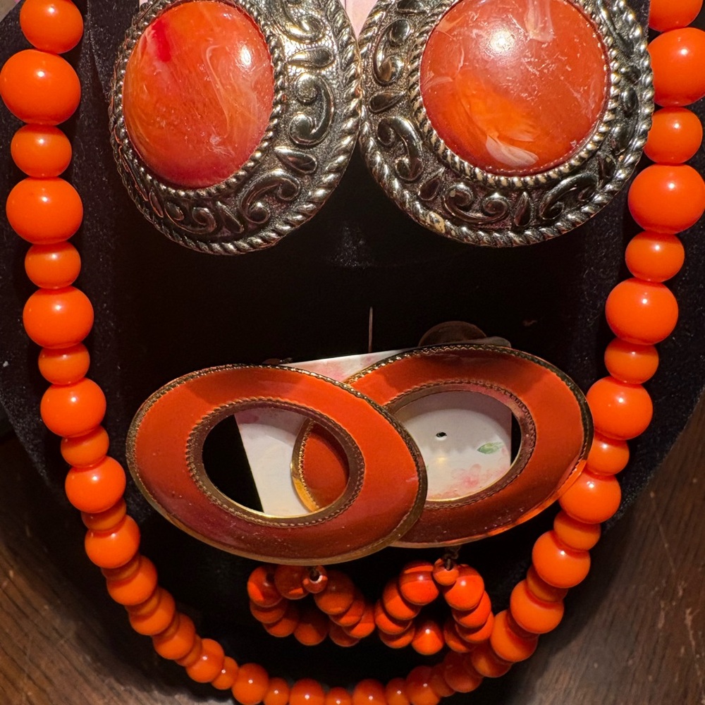 Vintage Orange Jewelry Set resin wood metal components